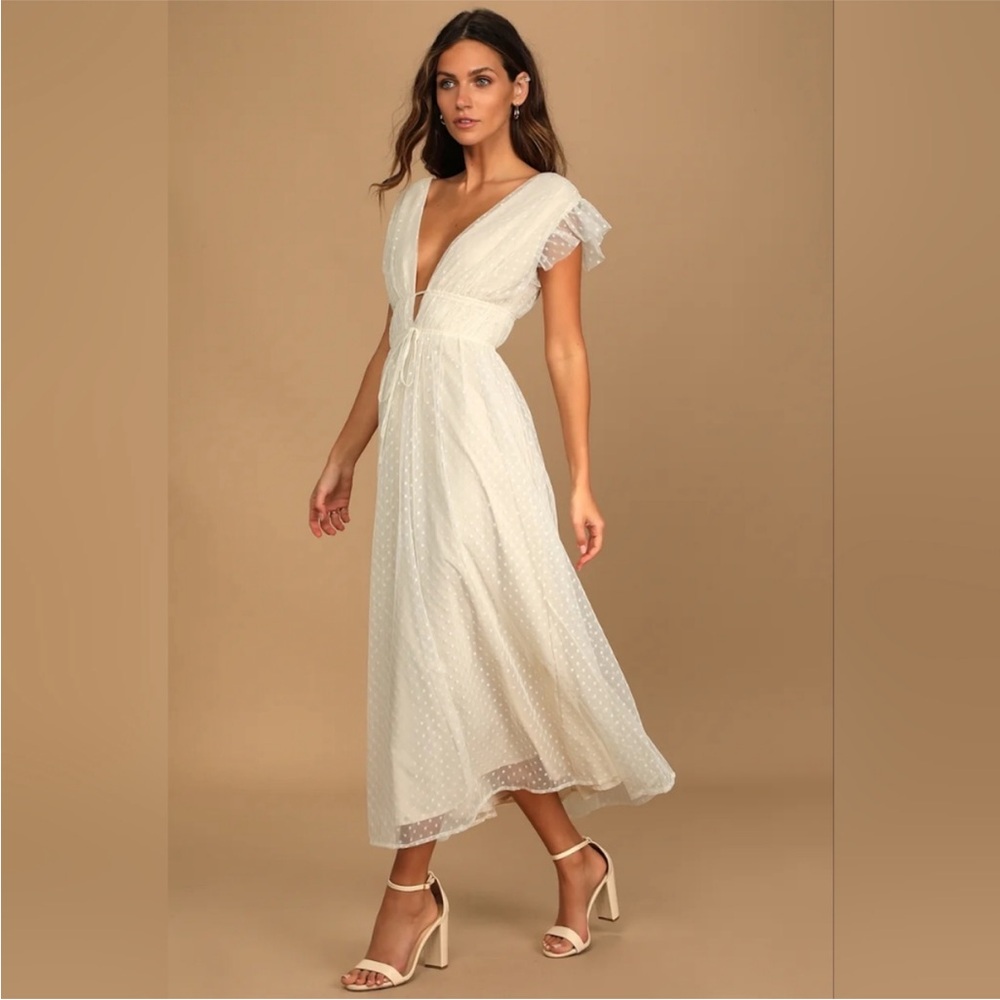 Lulu’s Yours Evermore Cream Swiss Dot Ruffled Midi Dress